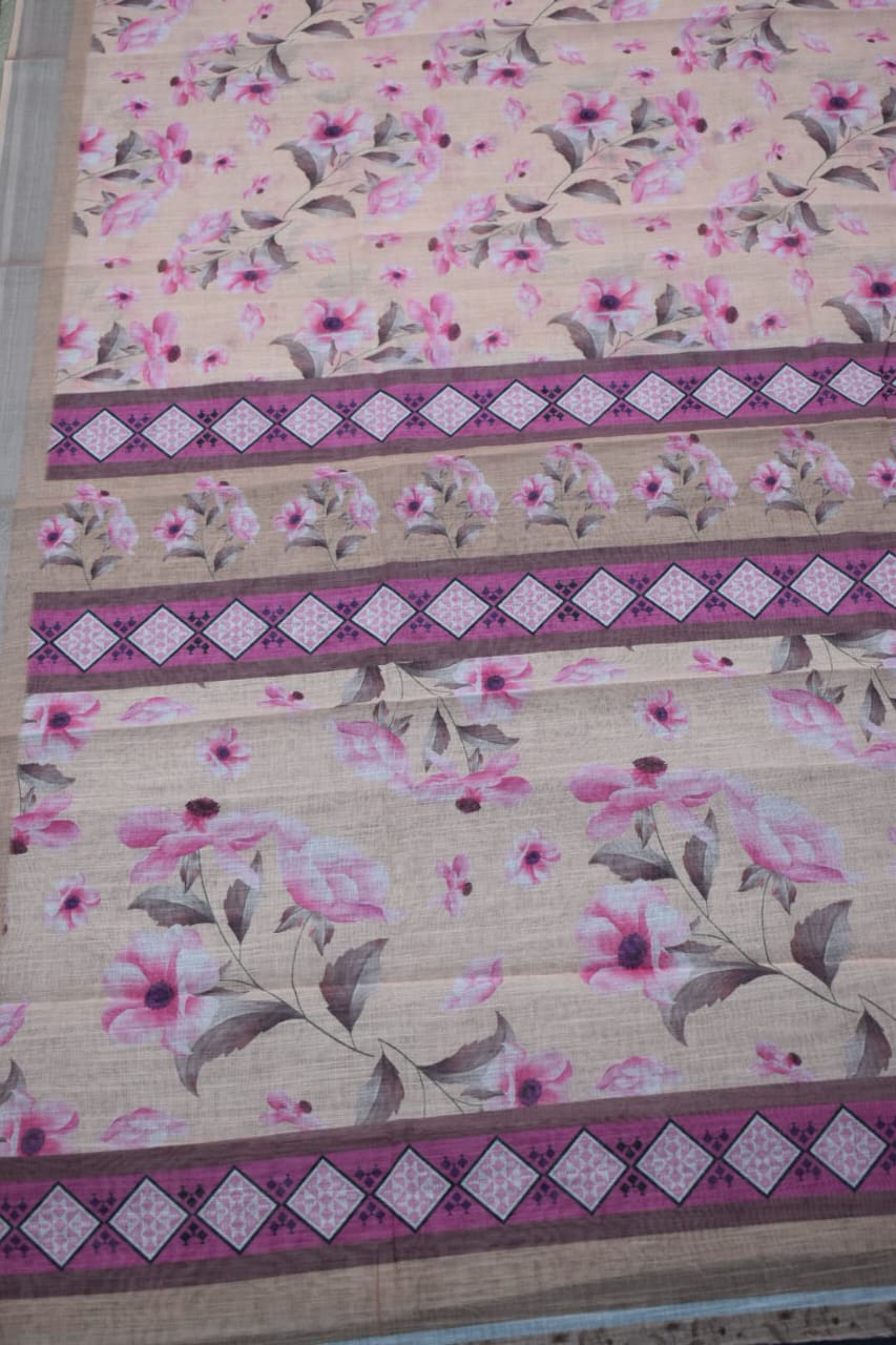 PINK ORANGE- LINEN COTTON FLORAL PRINT SAREE