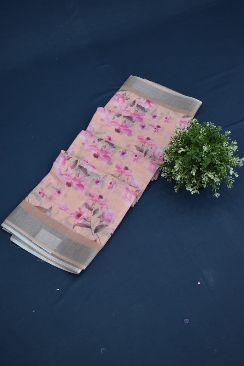 PINK ORANGE- LINEN COTTON FLORAL PRINT SAREE