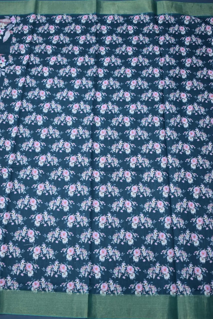 BOTTLE GREEN- LINEN COTTON FLORAL PRINT SAREE