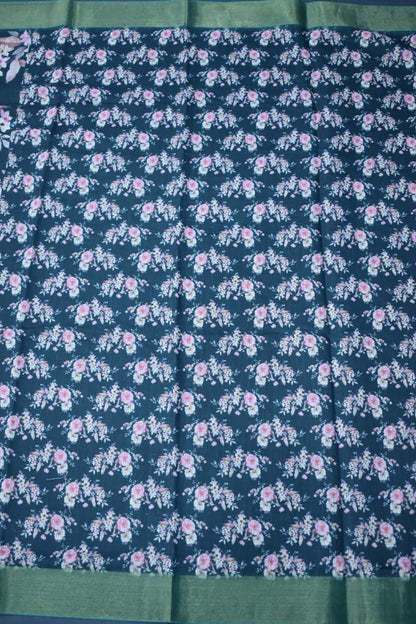 BOTTLE GREEN- LINEN COTTON FLORAL PRINT SAREE