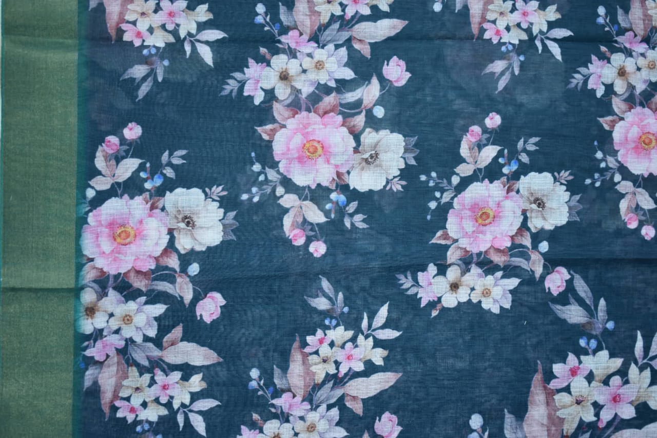 BOTTLE GREEN- LINEN COTTON FLORAL PRINT SAREE