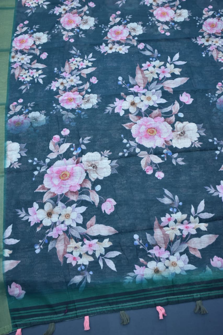 BOTTLE GREEN- LINEN COTTON FLORAL PRINT SAREE