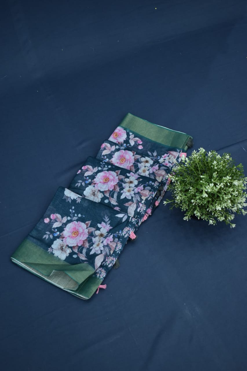 BOTTLE GREEN- LINEN COTTON FLORAL PRINT SAREE