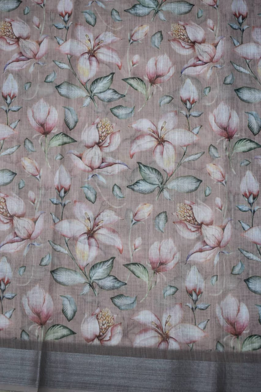 ONION PINK- LINEN COTTON FLORAL PRINT SAREE