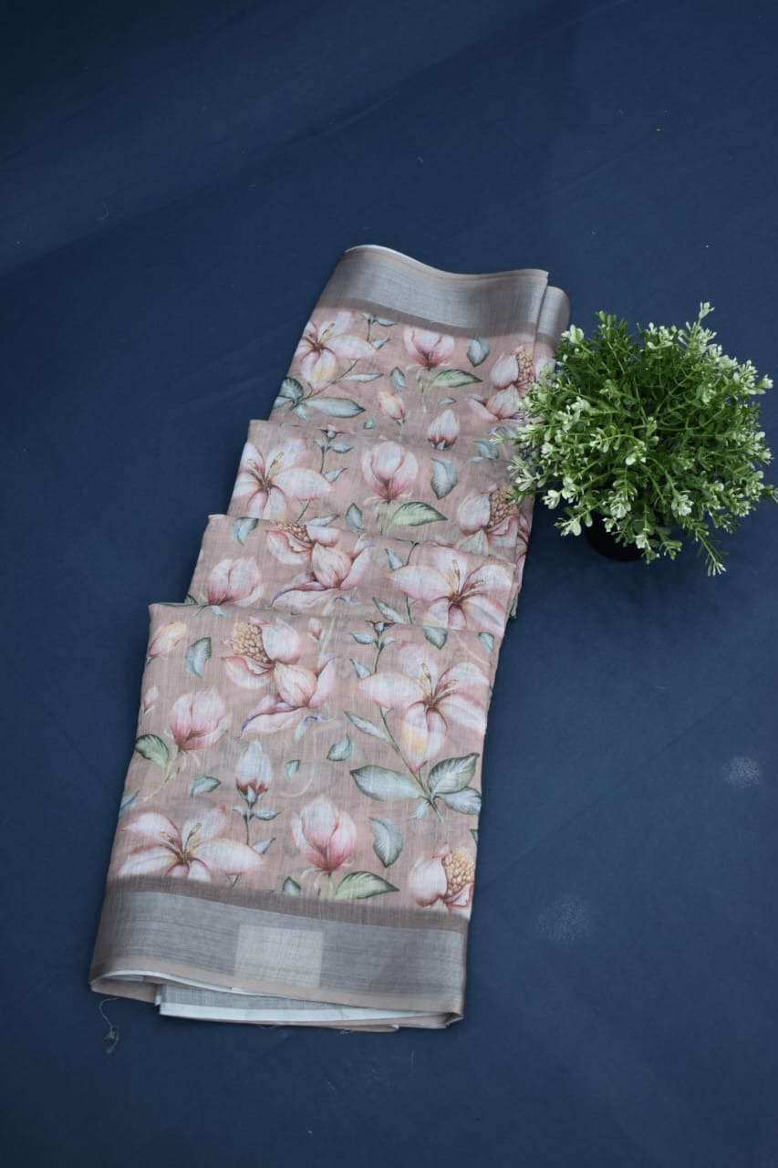 ONION PINK- LINEN COTTON FLORAL PRINT SAREE