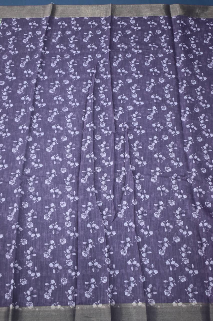 PURPLE- LINEN COTTON FLORAL PRINT SAREE
