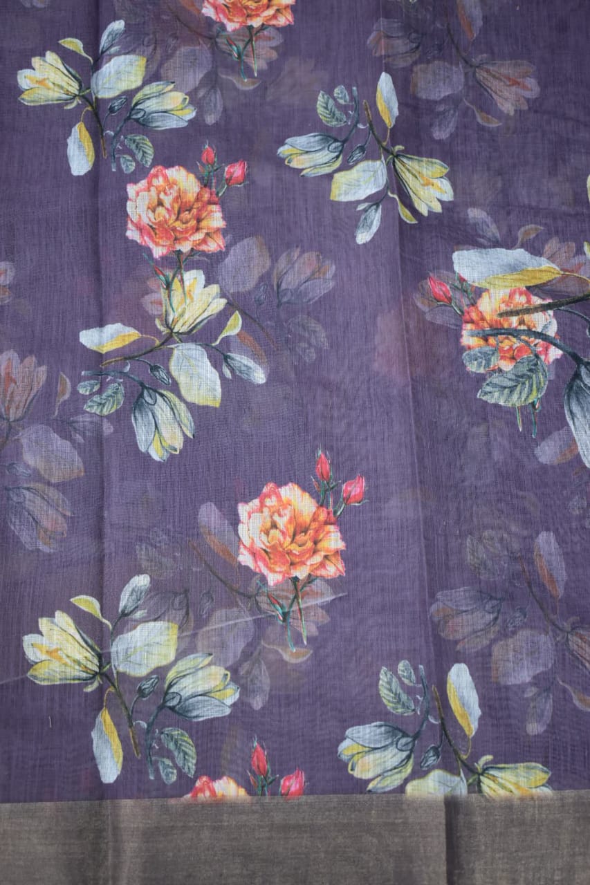PURPLE- LINEN COTTON FLORAL PRINT SAREE
