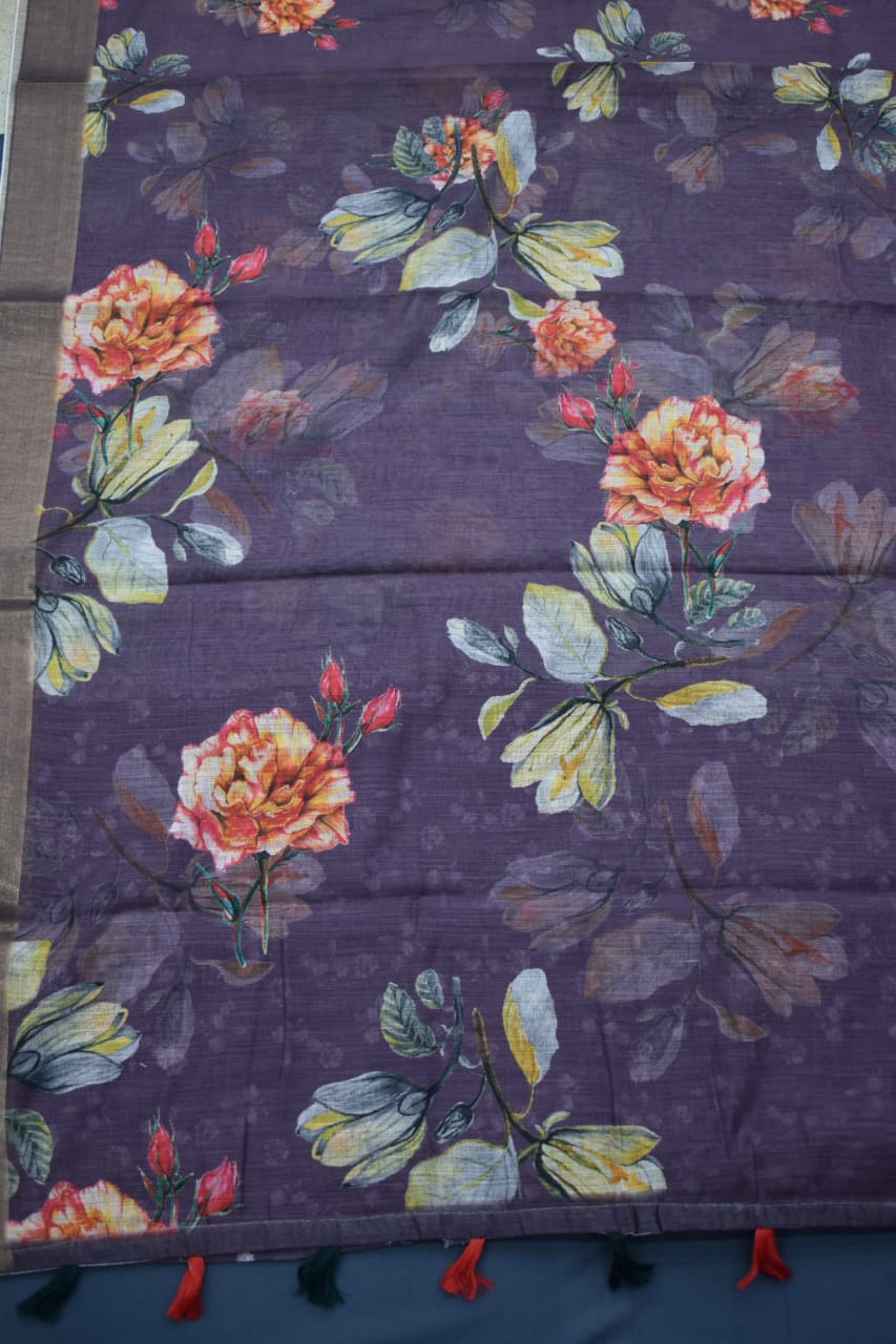 PURPLE- LINEN COTTON FLORAL PRINT SAREE
