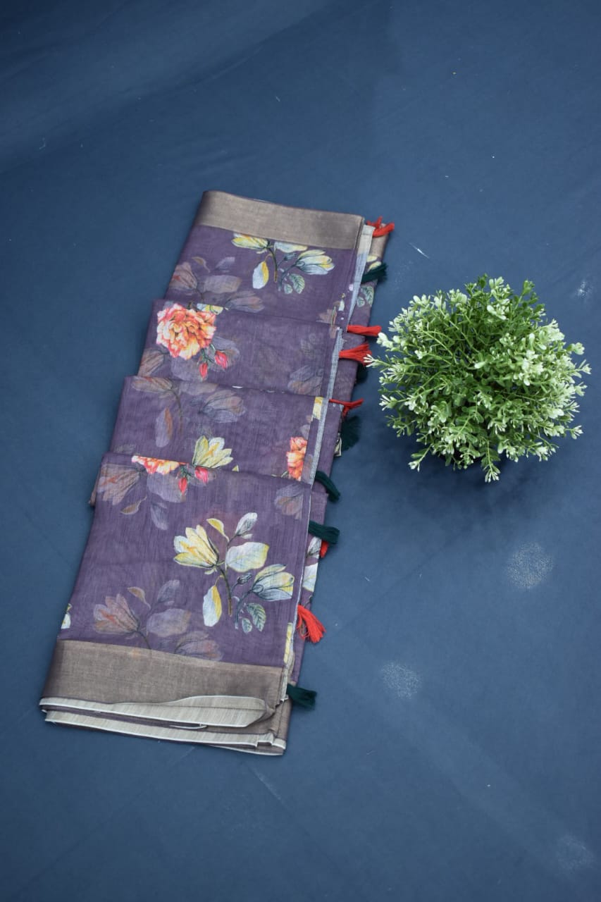 PURPLE- LINEN COTTON FLORAL PRINT SAREE