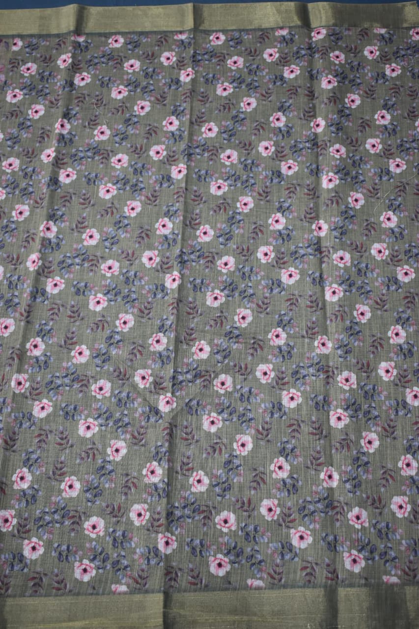PASTEL GREEN- LINEN COTTON FLORAL PRINT SAREE