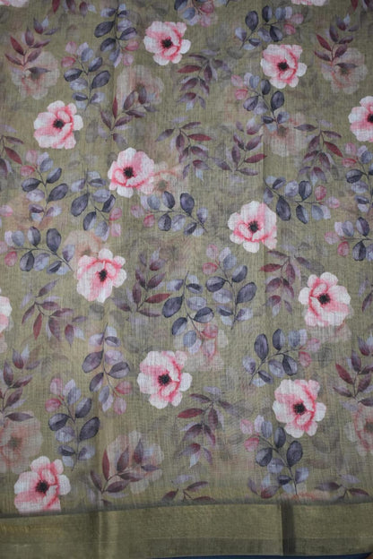 PASTEL GREEN- LINEN COTTON FLORAL PRINT SAREE