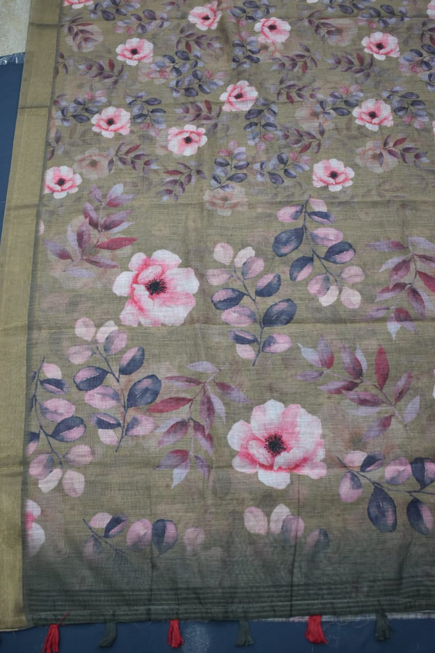 PASTEL GREEN- LINEN COTTON FLORAL PRINT SAREE