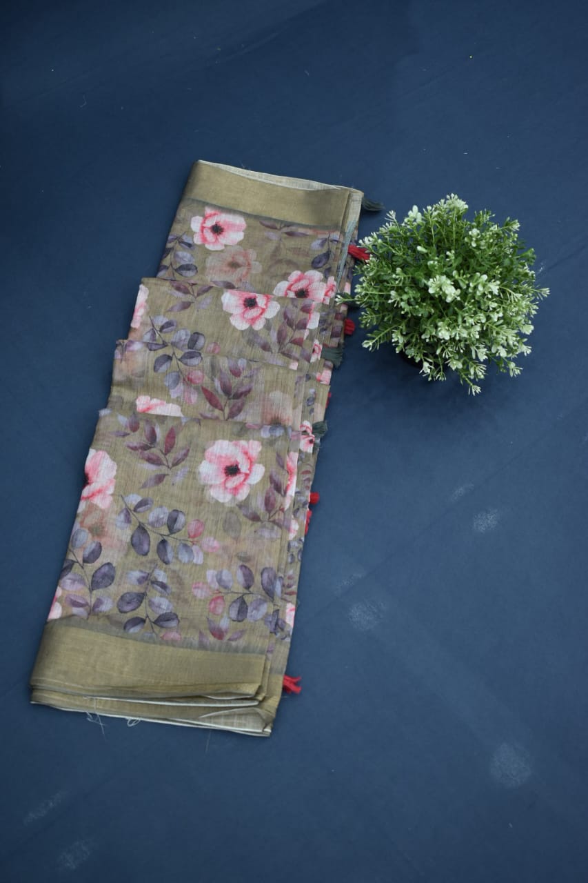 PASTEL GREEN- LINEN COTTON FLORAL PRINT SAREE