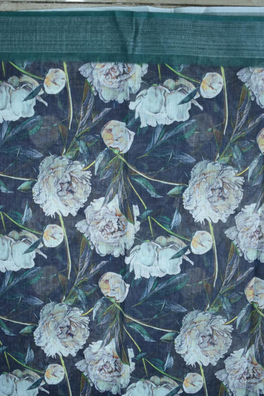 NAVY BLUE- LINEN COTTON FLORAL PRINT SAREE