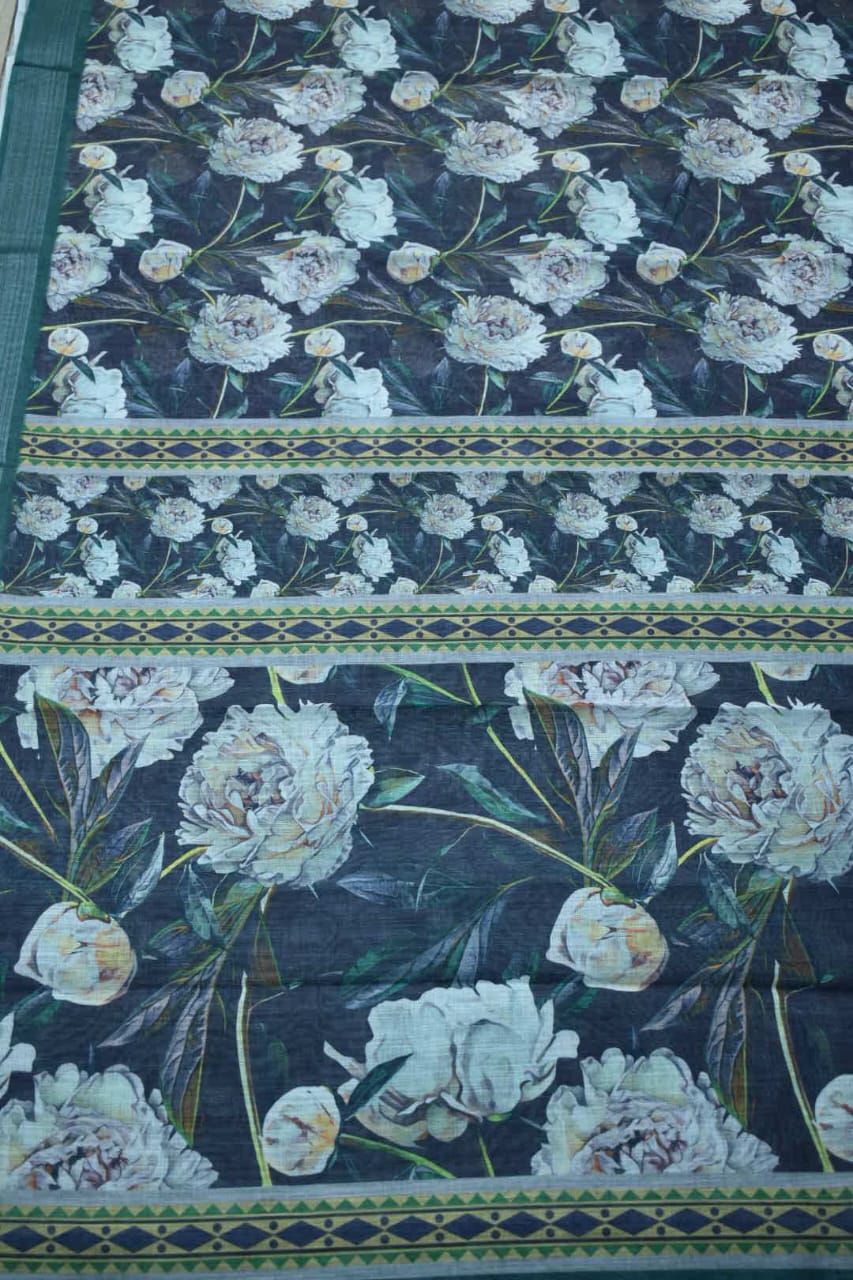 NAVY BLUE- LINEN COTTON FLORAL PRINT SAREE