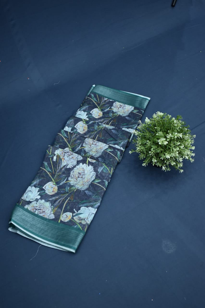 NAVY BLUE- LINEN COTTON FLORAL PRINT SAREE