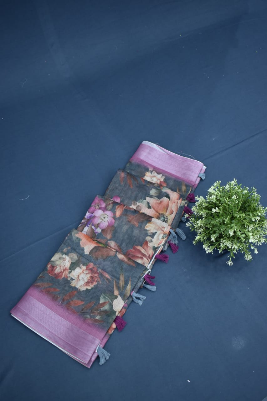 BLACK FOREST- LINEN COTTON FLORAL PRINT SAREE