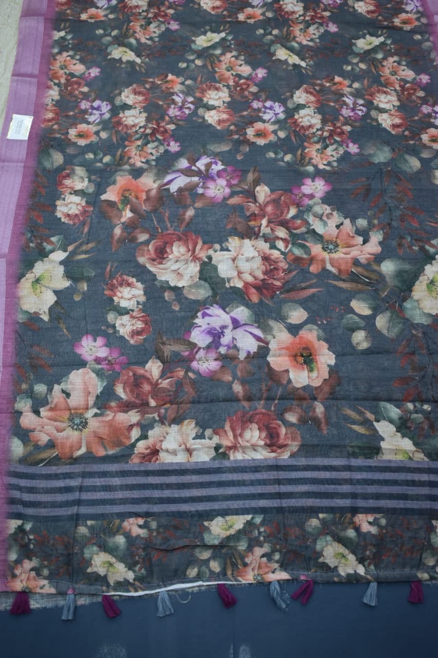 BLACK FOREST- LINEN COTTON FLORAL PRINT SAREE
