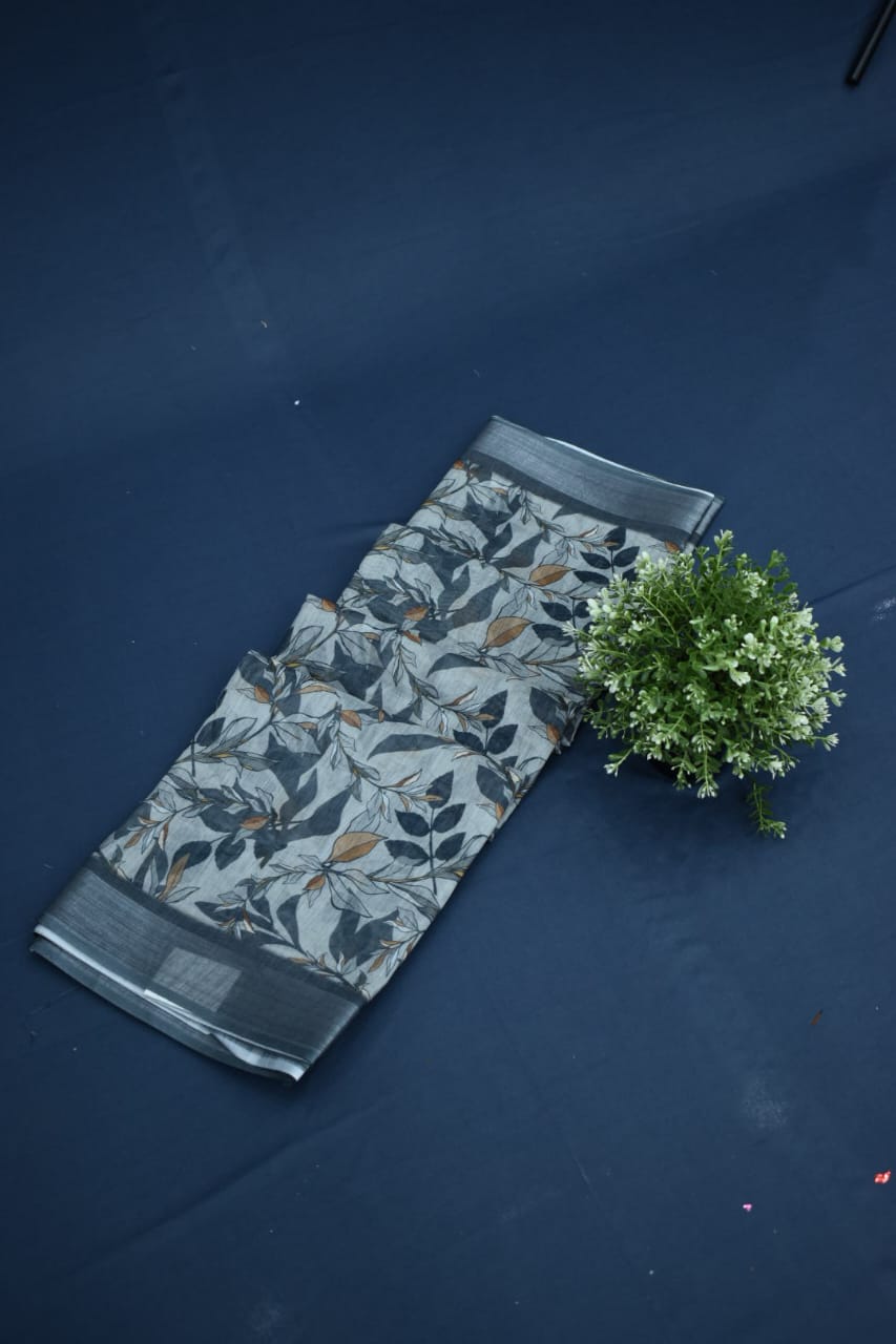 BASIL GREEN- LINEN COTTON FLORAL PRINT SAREE