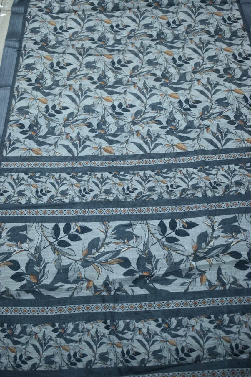 BASIL GREEN- LINEN COTTON FLORAL PRINT SAREE