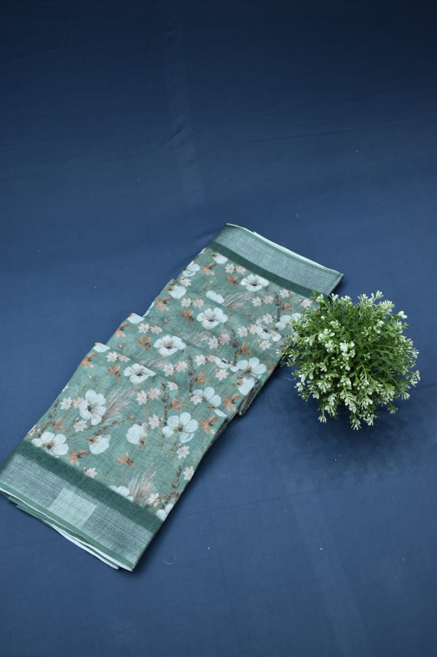 LIGHT GREEN- LINEN COTTON FLORAL PRINT SAREE