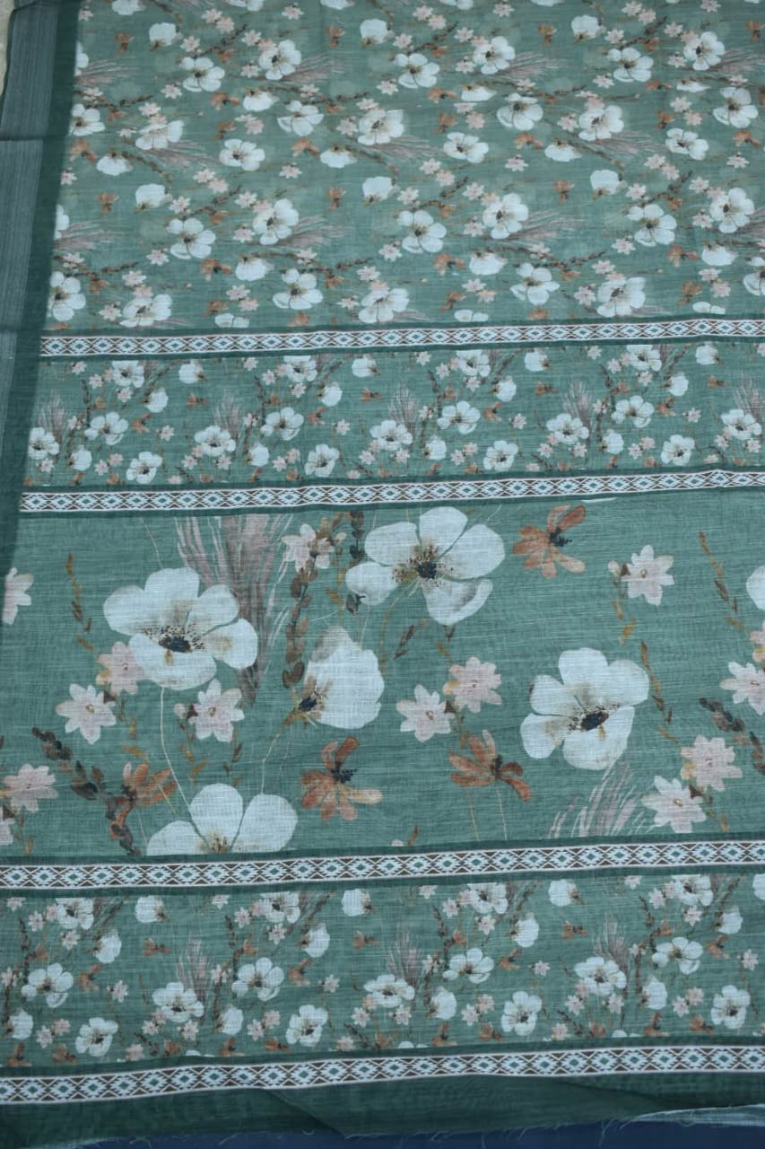 LIGHT GREEN- LINEN COTTON FLORAL PRINT SAREE