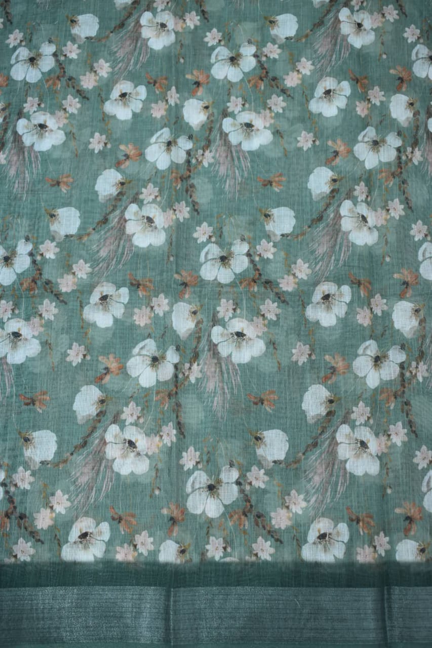 LIGHT GREEN- LINEN COTTON FLORAL PRINT SAREE