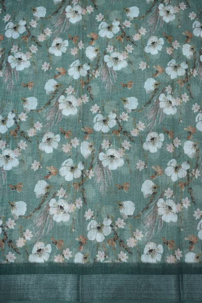 LIGHT GREEN- LINEN COTTON FLORAL PRINT SAREE