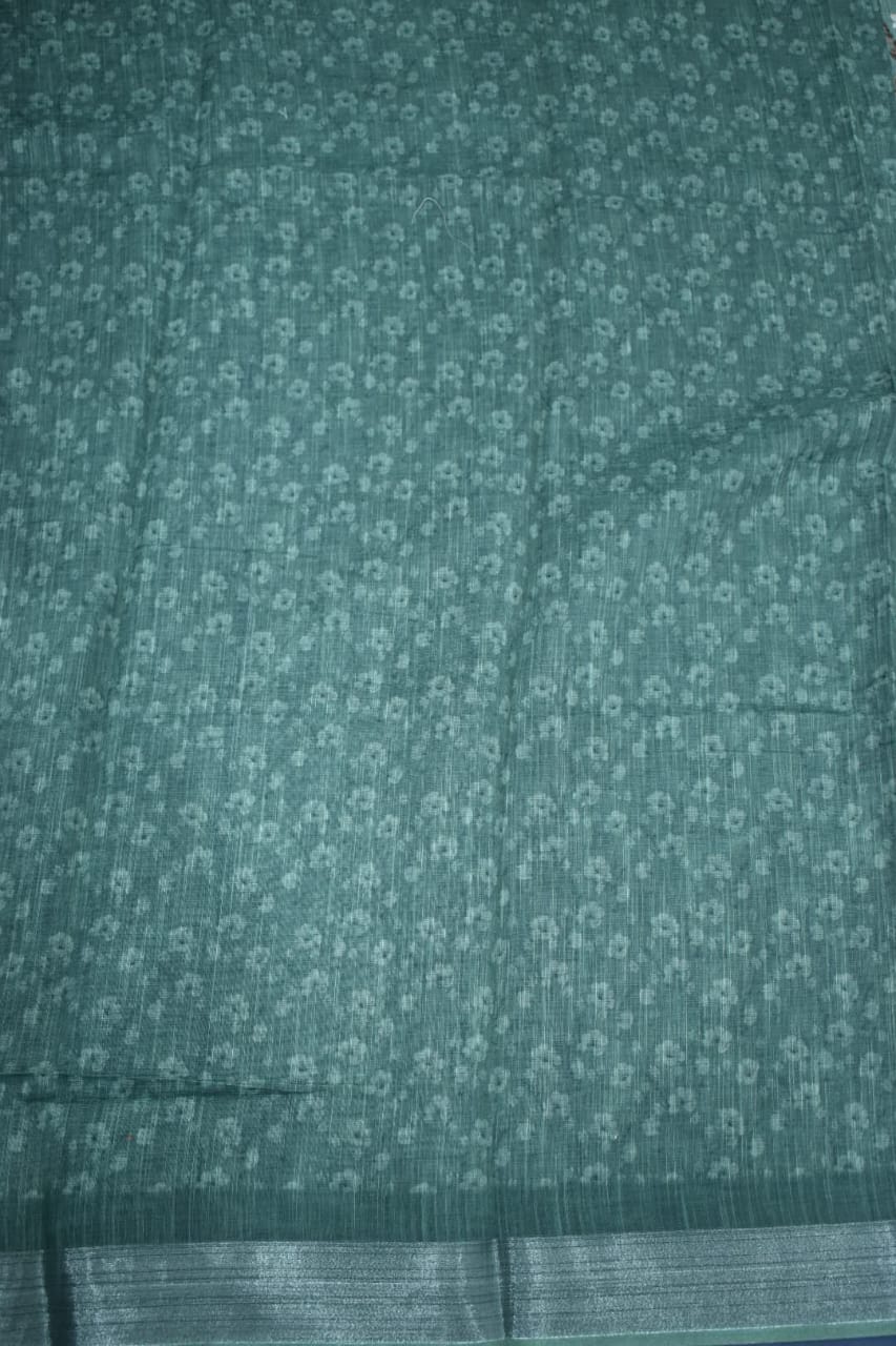 LIGHT GREEN- LINEN COTTON FLORAL PRINT SAREE