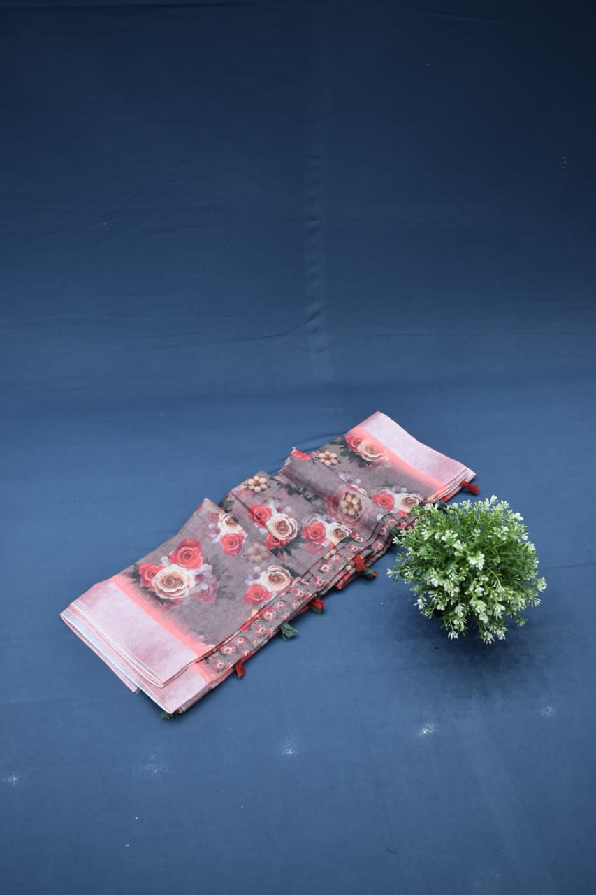 OLD ROSE- LINEN COTTON FLORAL PRINT SAREE