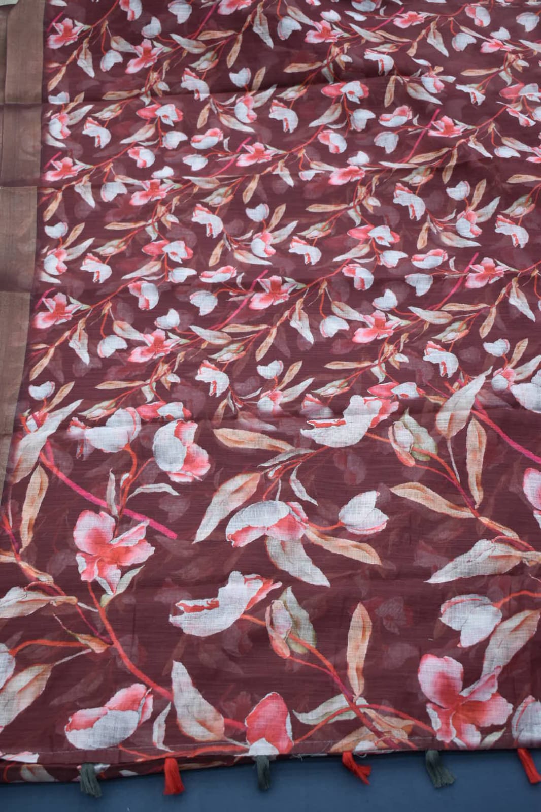 RED BROWN- LINEN COTTON FLORAL PRINT SAREE