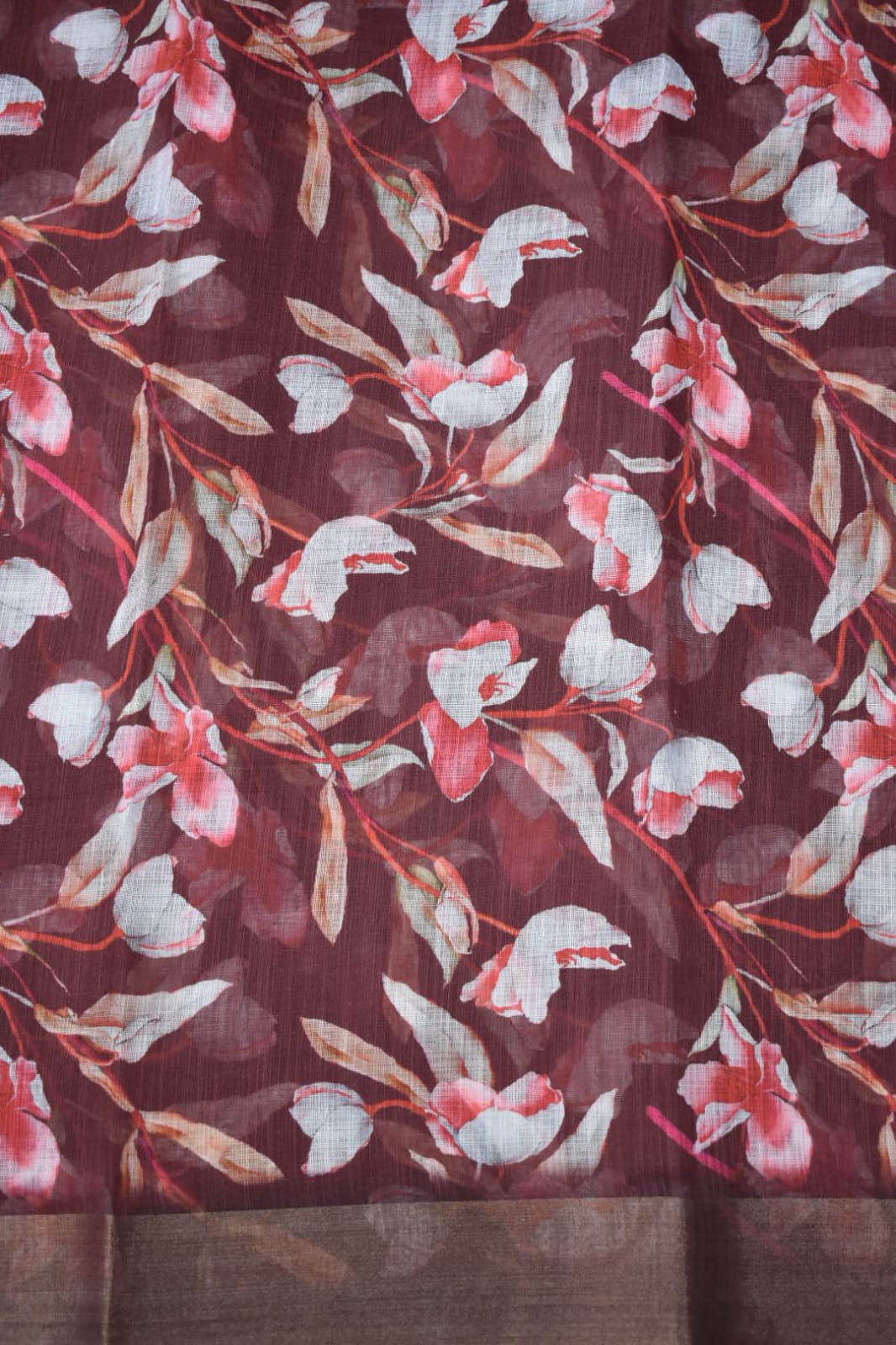 RED BROWN- LINEN COTTON FLORAL PRINT SAREE