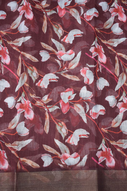RED BROWN- LINEN COTTON FLORAL PRINT SAREE