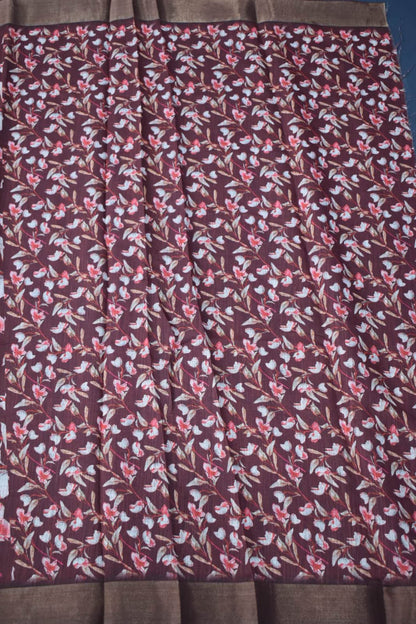 RED BROWN- LINEN COTTON FLORAL PRINT SAREE