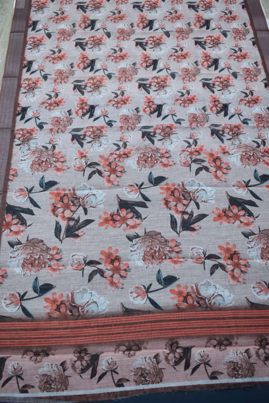 WHITE- LINEN COTTON FLORAL PRINT SAREE