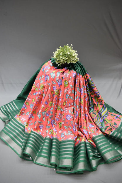 SAFFRON PINK- KALAMKARI PRINT CHANDERI SAREE