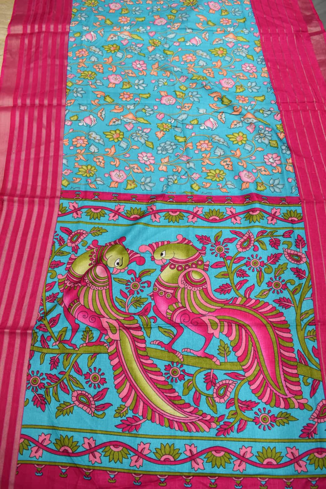 SKY BLUE- KALAMKARI PRINT CHANDERI SASREE