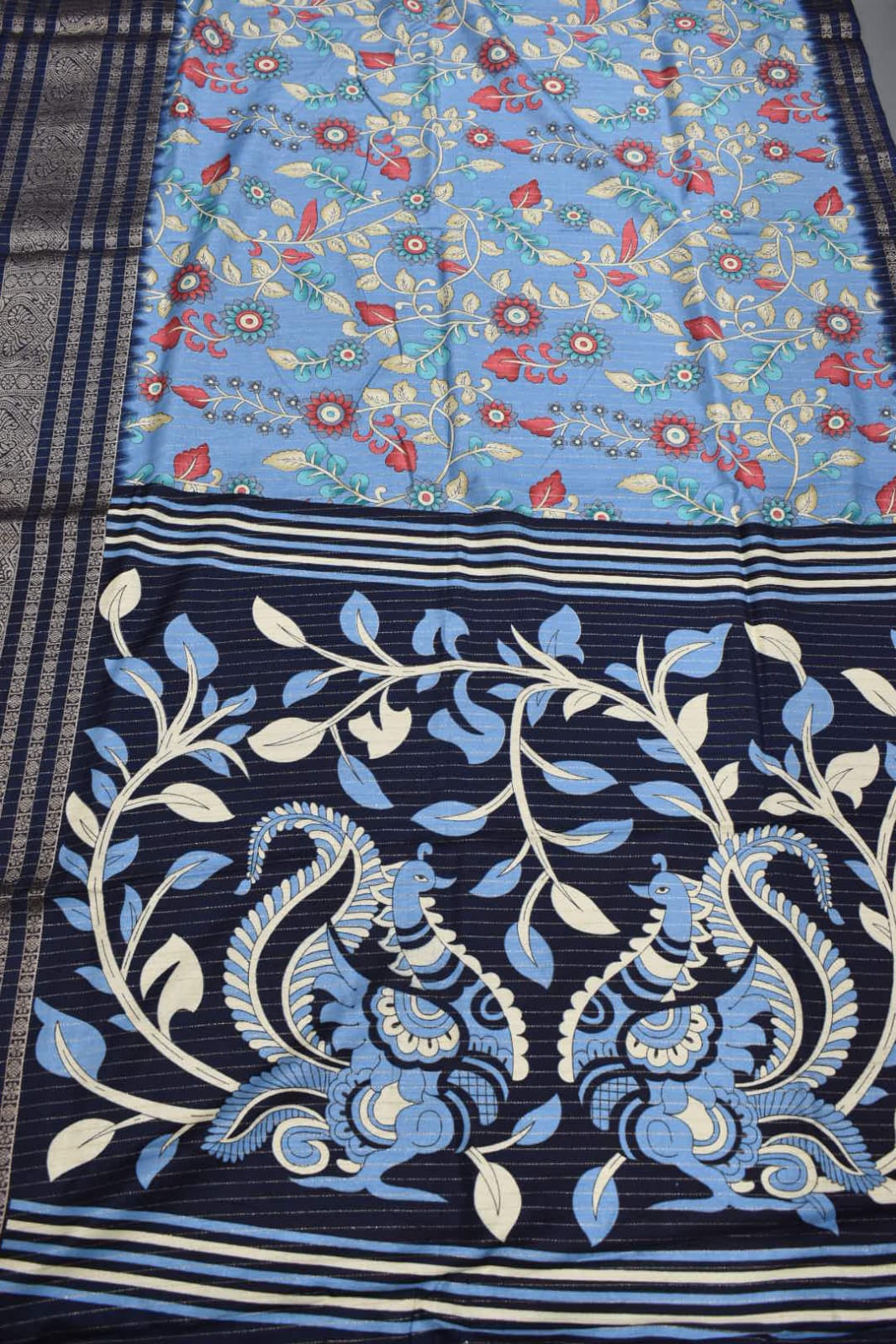 SKY BLUE- KALAMKARI PRINT CHANDERI SAREE