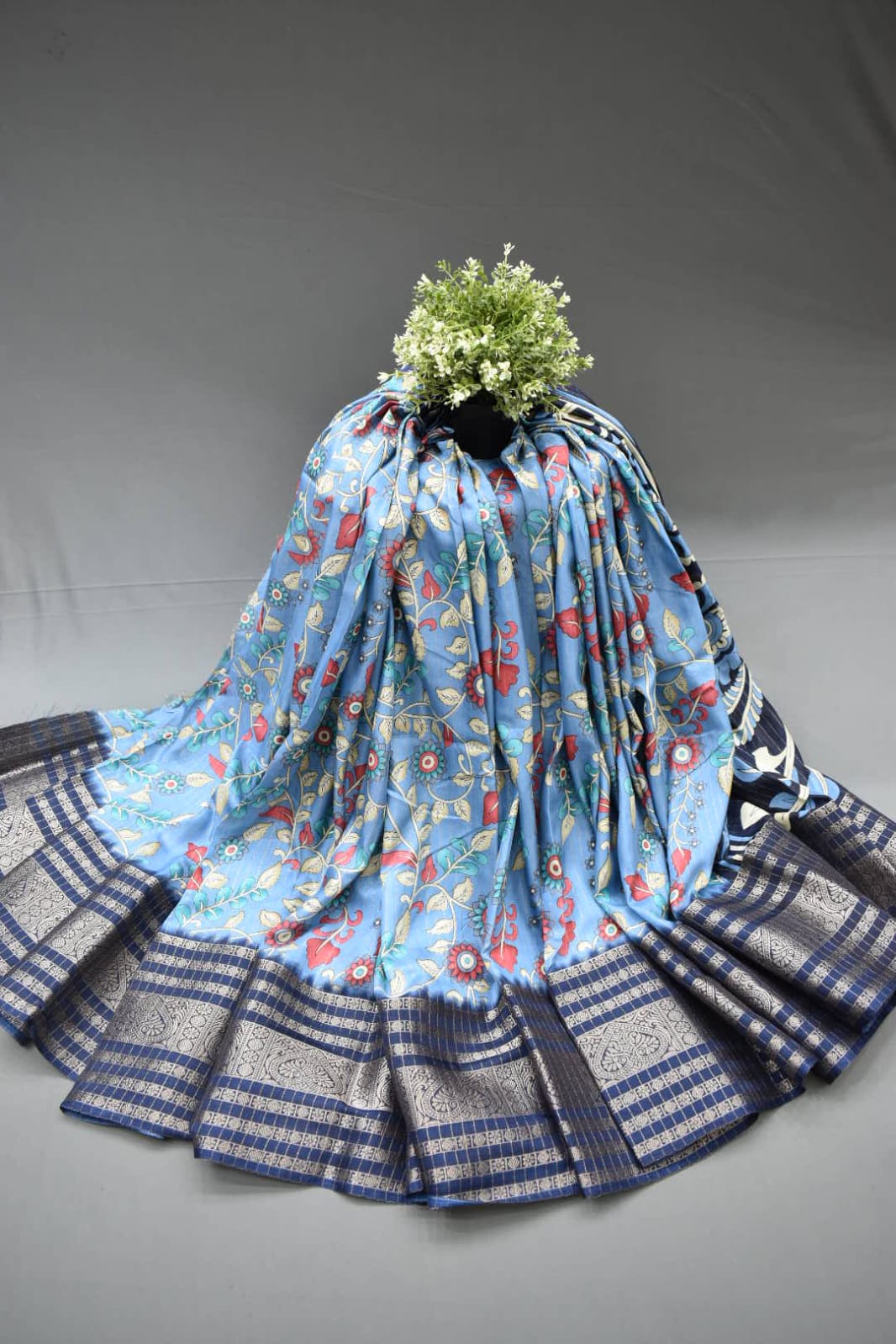 SKY BLUE- KALAMKARI PRINT CHANDERI SAREE