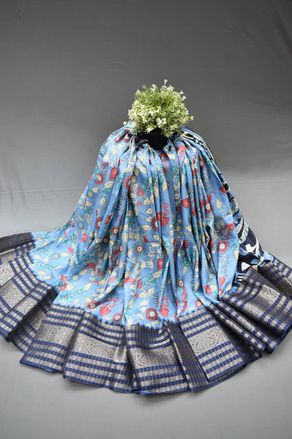 SKY BLUE- KALAMKARI PRINT CHANDERI SAREE