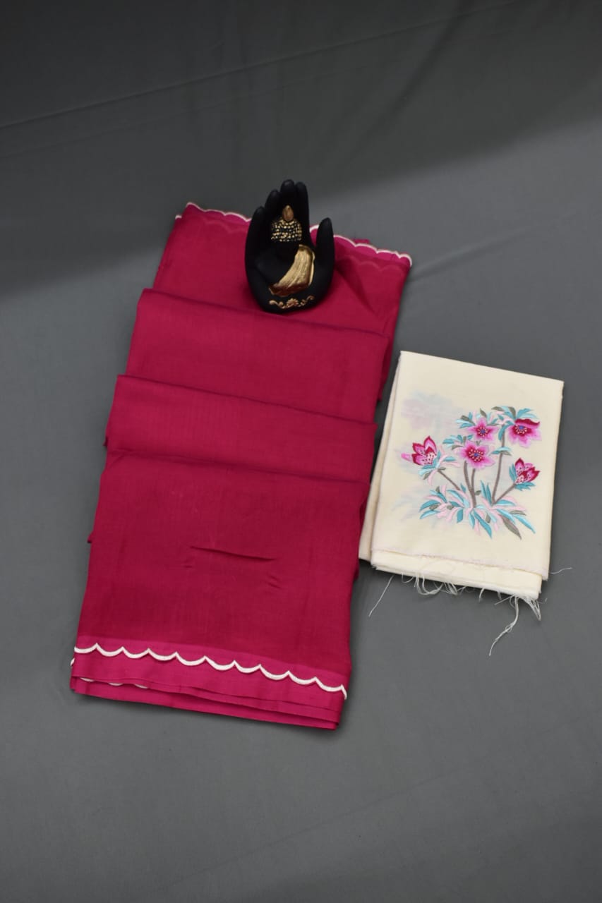 PINK- PURE MANGALAGIRI SAREE WITH SCALLOPED &amp; RAW SILK EMBROIDERY BLOUSE PIECE