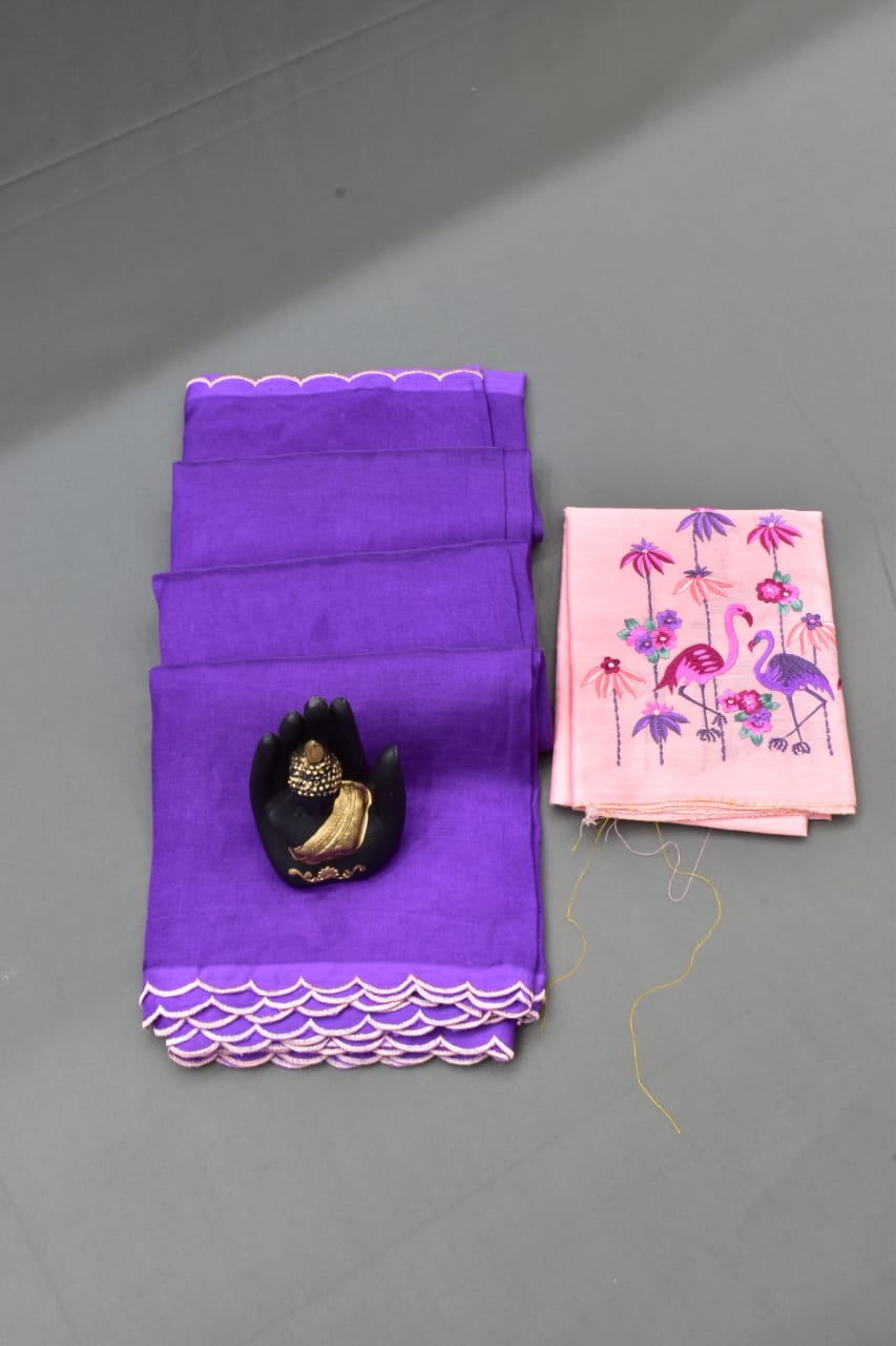 PURPLE- PURE MANGALAGIRI SAREE WITH SCALLOPED &amp; RAW SILK EMBROIDERY BLOUSE PIECE