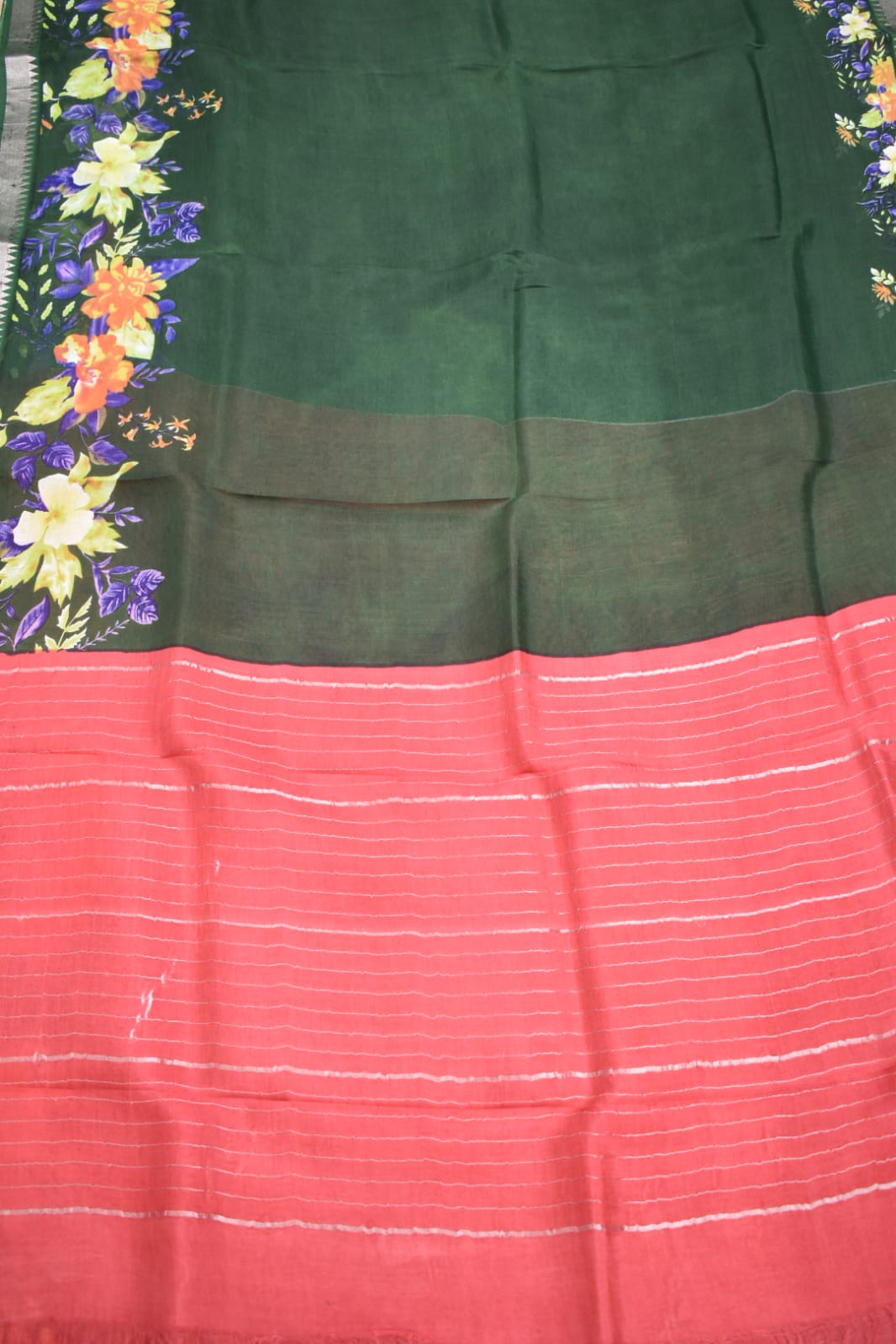 DARK GREEN- MANGALAGIRI SAREE WITH FLORAL PRINT