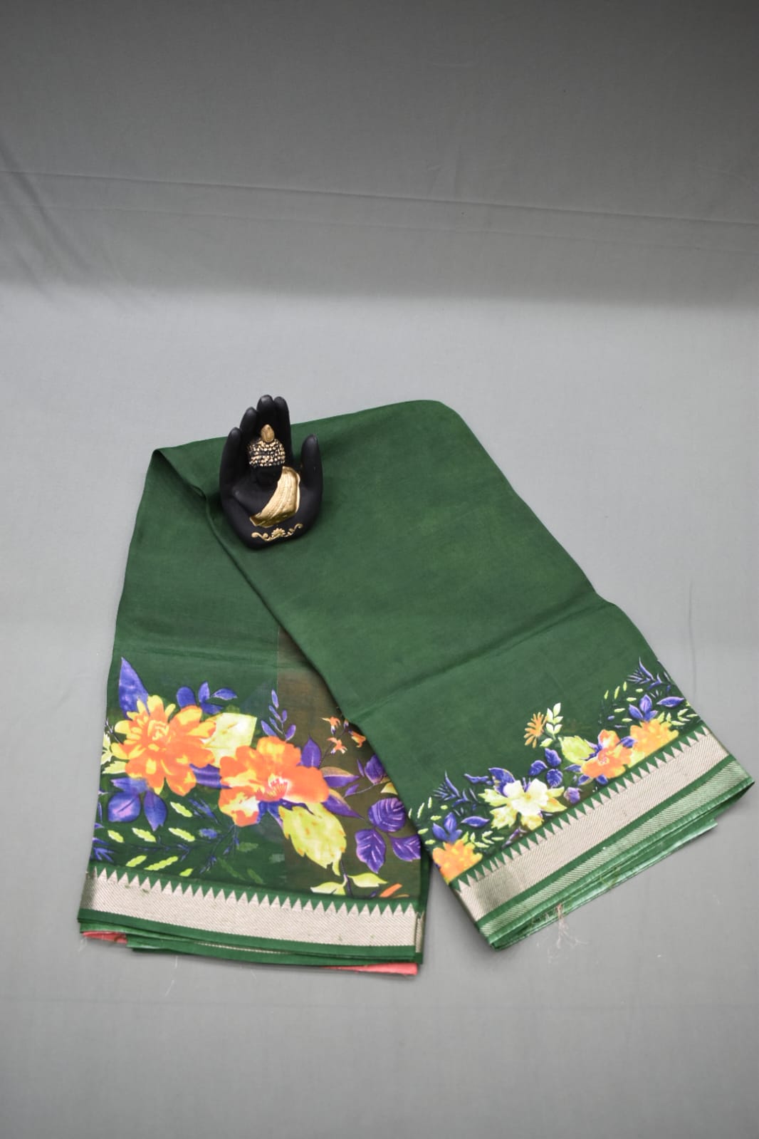 DARK GREEN- MANGALAGIRI SAREE WITH FLORAL PRINT