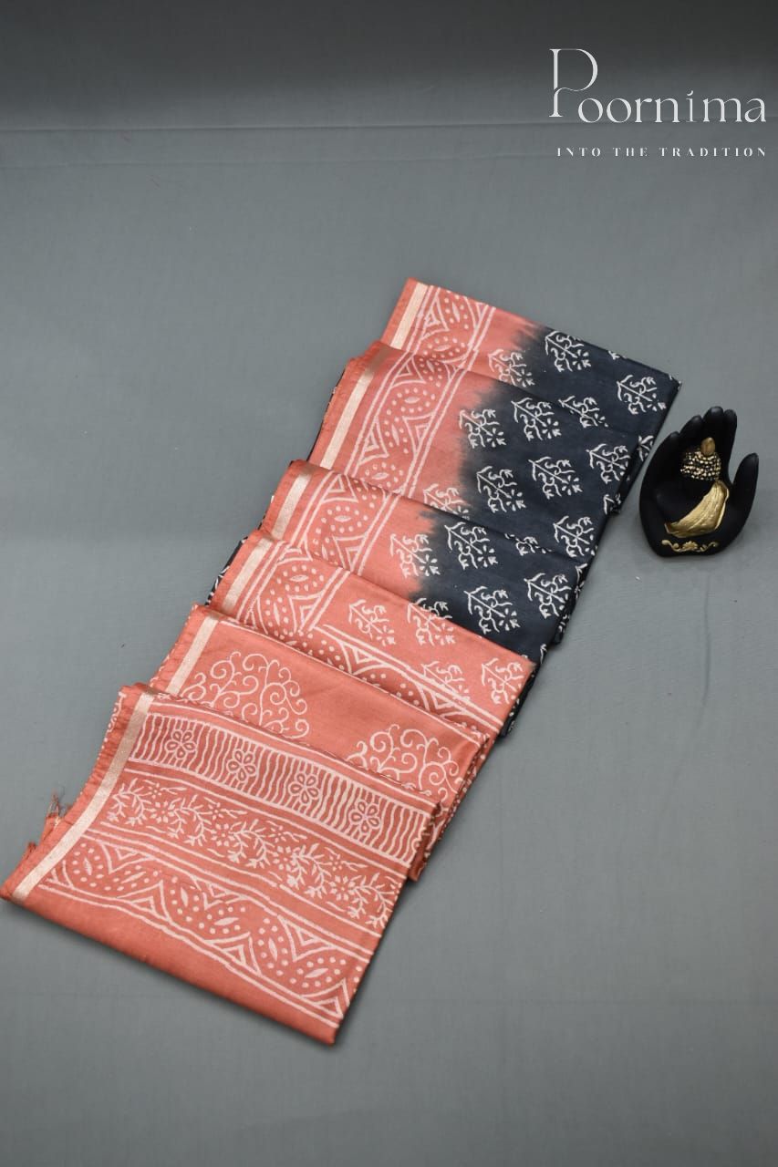 LIGHT ORANGE &amp;BLACK- COTTON SILK SAREE