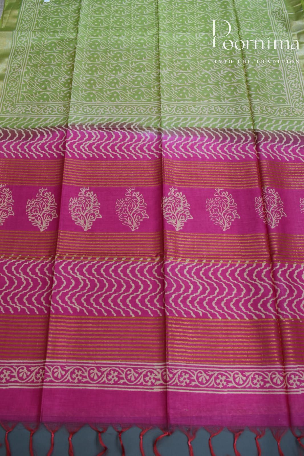 PARROT GREEN&amp;PINK- COTTON SILK SAREE