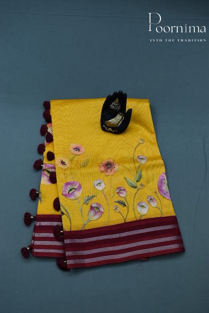 YELLOW- COTTON DIGITAL PRINT SAREE