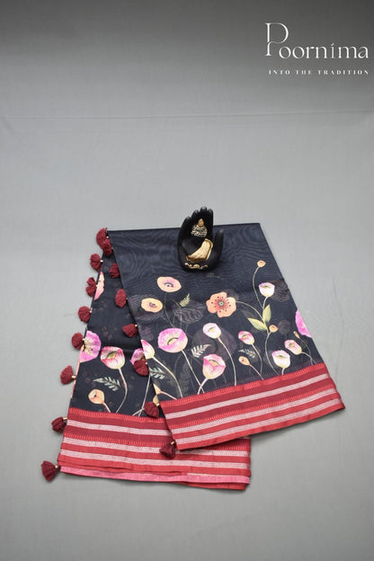 BLACK- COTTON DIGITAL PRINT SAREE