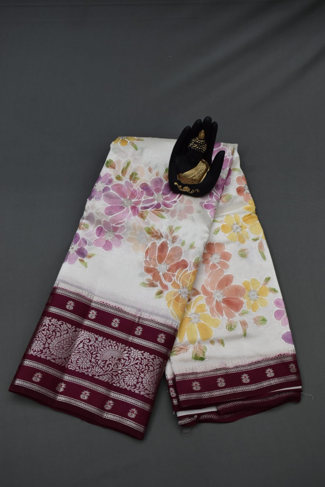 HALF WHITE- PURE BANARASI APPLIQUE  WORK SAREE