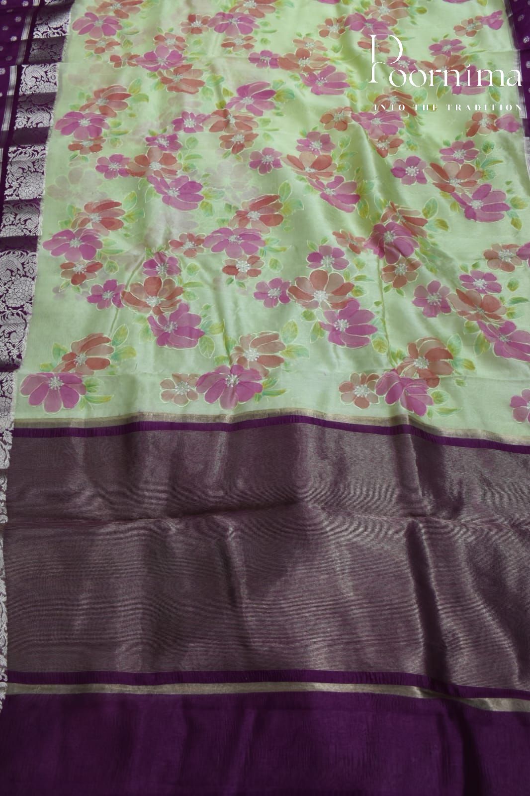 LIGHT PARROT GREEN- PURE BANARASI APPLIQUE WORK SAREE